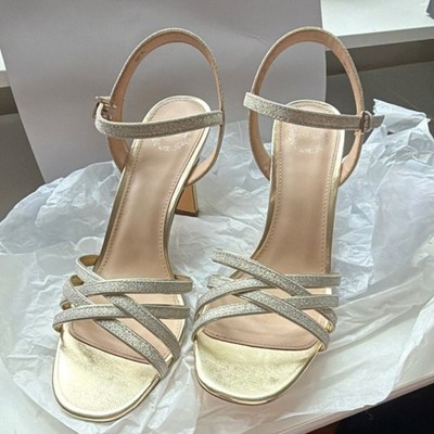 Naturalizer Gold Strappy Glitter Block Heel Sandals Women Ankle Strap Buckle