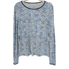 Lands End Rash Guard Swim Top Women M Blue Medallion Long Sleeve Stretch UPF