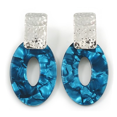 68mm Oval Marble Blue Acrylic Hoop Earrings with Silver Tone