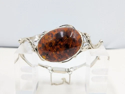 Sterling Silver  POLAND Baltic Amber 7" Huge Cuff Bracelet 22.13g U470