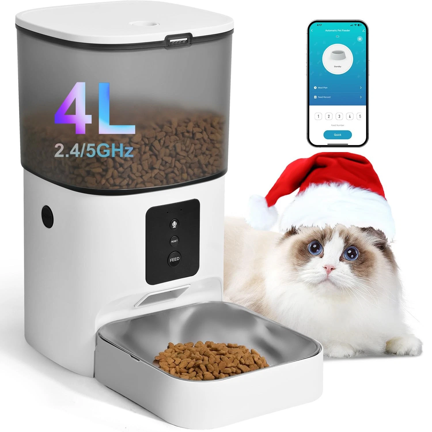 ANDOLL HOME 2.4G/5G Automatic Cat Feeder, 4L WiFi Food 4.0 L, Matte White