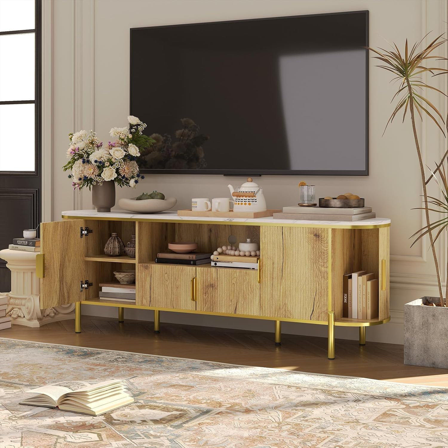 With Faux Marble Top & Adjustable Shelves, Oak