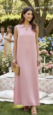 VTG Herman Geist Linen Pink Sleeveless Midi Maxi Dress Collared Sz 10 P Modest