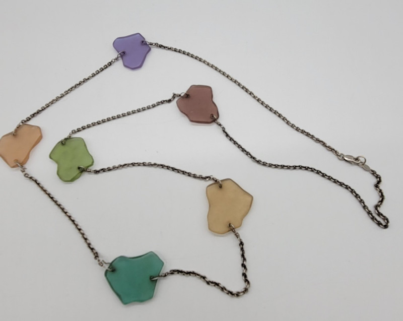 Vintage Multicolor Rare Colors Sea Glass Silver Long Necklace Beach