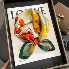 100% Pure Silk Small Scarf Women Neckerchief Wrap Bandana Colorful Flowers 53*53