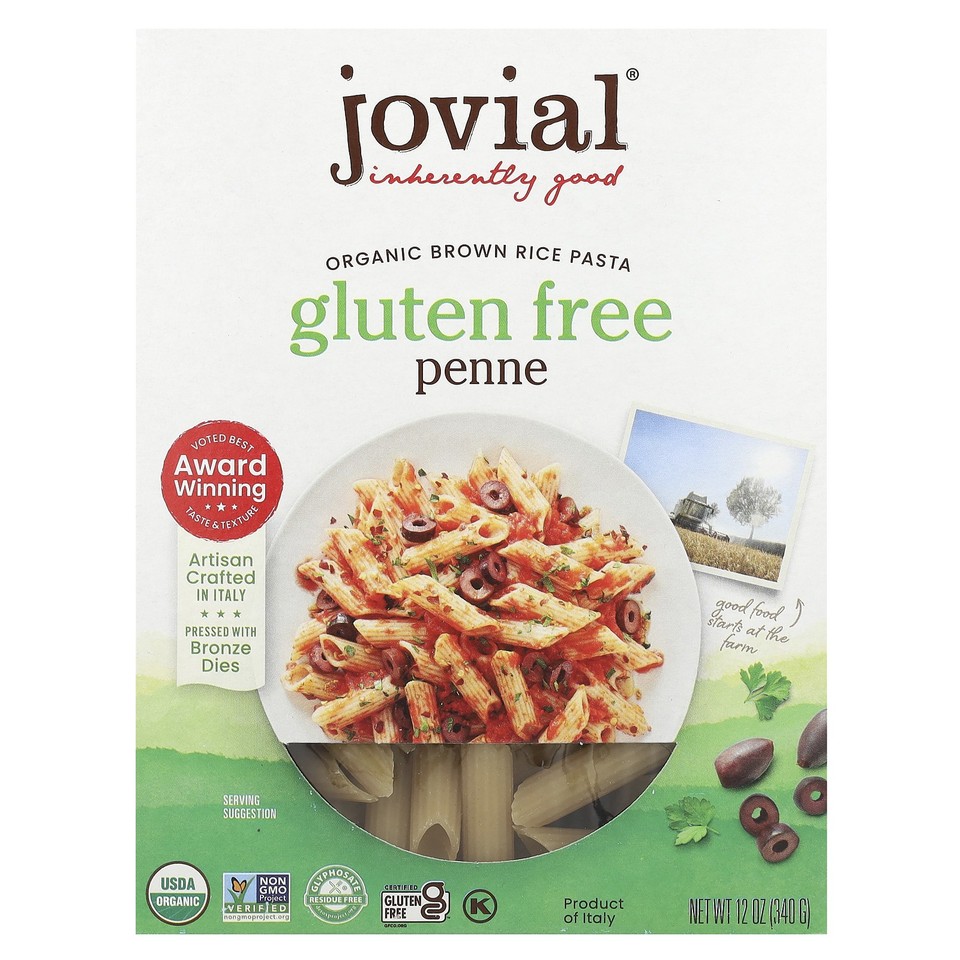 Jovial Brown Rice Pasta Penne Rigate Organic 12 oz 340 g Egg-Free, Gluten-Free,