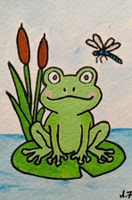 Whimsical Frog Dragonfly Spring ATC CARD ACEO ORIGINAL HAND PAINTED Signed OOAK