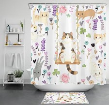 Cute Animal Funny Cat Purple Floral Shower Curtain Bathroom Accessories Set
