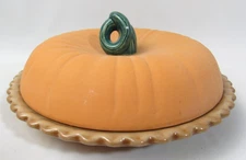 Vintage Pumpkin Covered Ceramic Pie Plate Saver Keeper OGGI Matte Pumpkin Lid