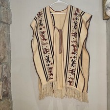 Vintage Ethnic Aztec Tribal Poncho Fringe Festival Hippie Bohemian Free Size
