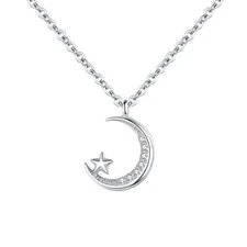 925 Sterling Silver CZ Star Crescent Moon Pendant Necklace Women Christmas Gift