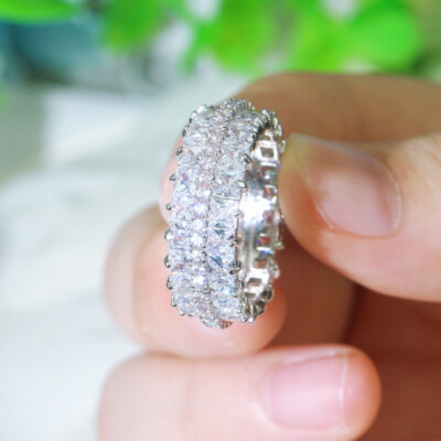 Sparkling 2 Row Square Big Wide Round Band Finger Ring CZ White Gold Jewelry