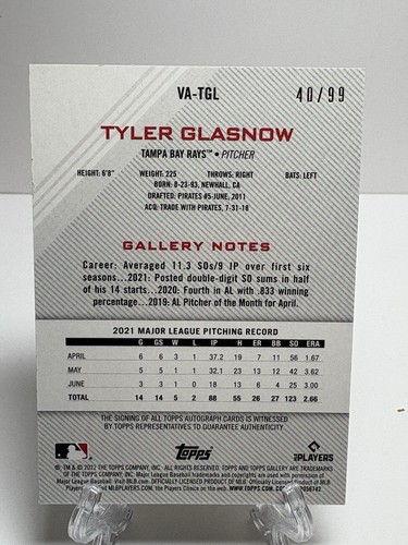 2022 Topps Gallery - Veterans Autographs Green #VA-TGL Tyler Glasnow /99 (AU) - Picture 4 of 7