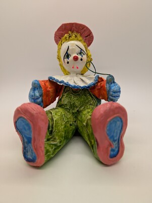 Vintage Paper Mache Art Sitting Sad Face Crying Clown with Hobo Bag