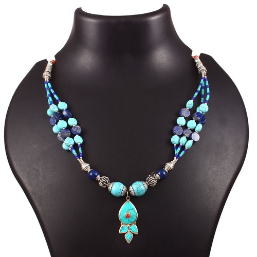 Turquoise, Lapis gemstone tibetan 925 sterling silver necklace jewelry 18 inch