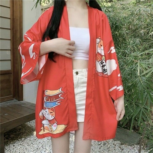 Mujer Japonés Abrigo Kimono Lucky Cat Cárdigan Blusa Yukata Camisa Chaqueta  | eBay