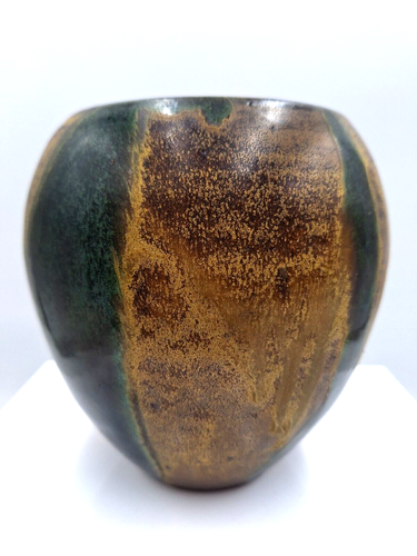 Studio Pottery Vase Stoneware Tan Green Brown Drip Glaze Gloss Signed - Picture 2 of 8
