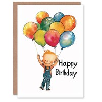 Junge Luftballons Süß Aquarell Zeichnung Geburtstagskarte