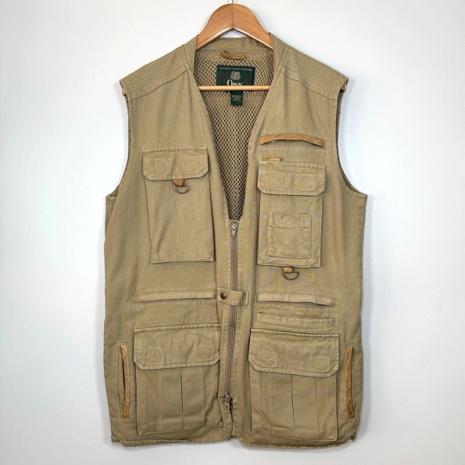 Vintage ORVIS Fishing Vest Mens M Leather Trim Tan Hunting Mesh Back Safari Fish
