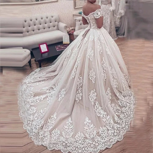 Luxury Ball Wedding Dresses Off Shoulder Lace Applique A Line Bridal Gowns Train - Picture 2 of 11