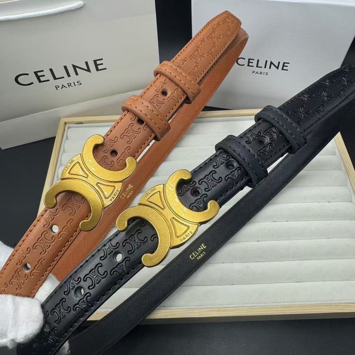 CELINE Classic 2.3cm Logo Cowhide Women's Belt LONG 100CM