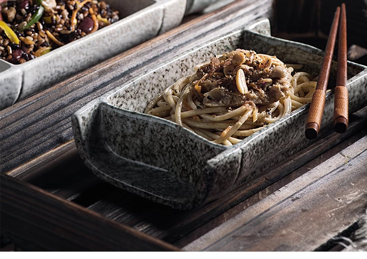 2er Set Asiatisch Bambus Stil Nudel Teller Behälter Schale Schale Keramik Retro Dessert