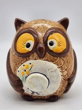 Vintage Enesco Ceramic Painted Coin Bank Brown Owl Holding Hat Made in Taiwan