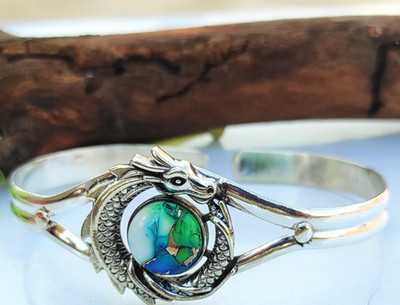 Peacock Dahila Turquoise  Bracelet Handmade Cuff Bangle Gift to Her  inch - 7.5