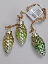 Hand-Blown Glass Christmas Ornaments 3 Pinecones on String NEW