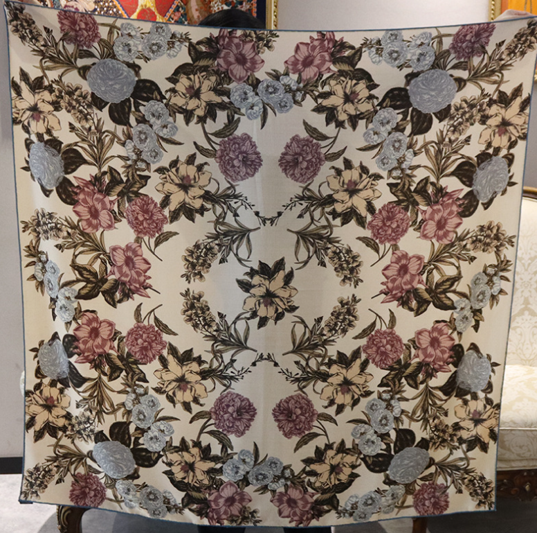 70% Cashmere 30% Silk Double Face Scarf with Flower Totem Print 53'' Wrap Bandana