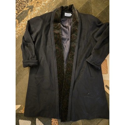 Leslie Fay Women Black Paisley Velvet Trimmed Long Sleeve Swing Coat Size 6 vtg