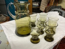 Antyczna karafka i 6 szklanek szkło zielone dmuchane ustami