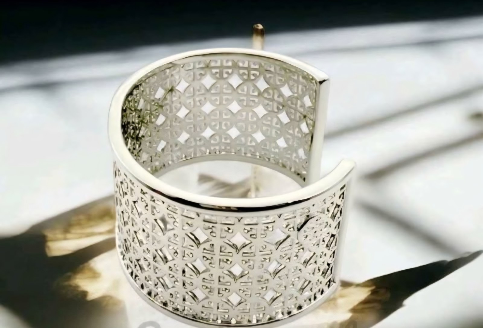 Silver-Tone Metal Wide Cut-Out Cuff Bracelet, Round Shape, Fashion Jewelry