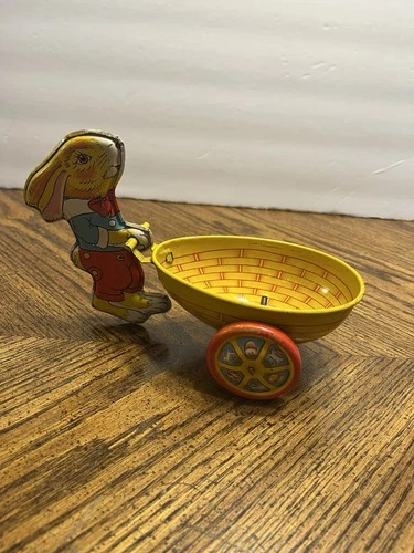Vintage 1950s Made In USA J. Chein & Co Tin Metal Bunny Rabbit Egg Cart Toy