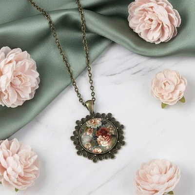 Vintage Halskette Kette Mit Anhänger Amulett Bronze Glas Blumen Grün - Bild 1 von 4