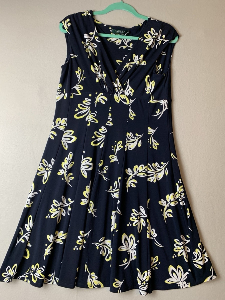 Lauren Ralph Lauren Dress Women 14P Black Floral Faux Wrap Flowy Cap Sleeve Boho