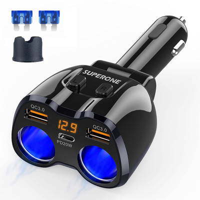 [2025 Upgraded] Cigarette Lighter Splitter, 180W 2-Socket Cigarette Lighter A...