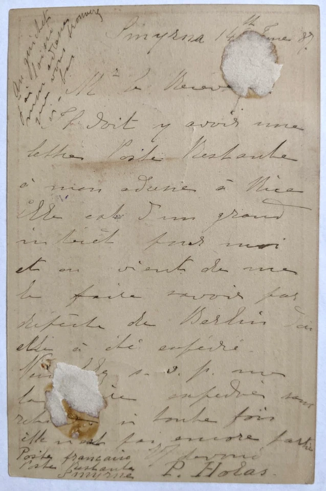 Otomana P.O. Smyrne--Poste Restante, Postmaster of Nice, FR/20-P. TR PSC/6/14/87 Foto 2 de 2