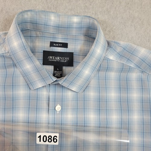 Kenneth Cole Awearness Dress Shirt Men's Size Large Blue Gray Plaid Stretch Slim - Picture 9 of 9