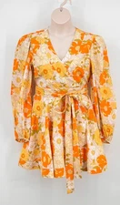 Mille Nan Floral Print Wrap Dress Size M Cotton Yellow Orange Long Sleeve