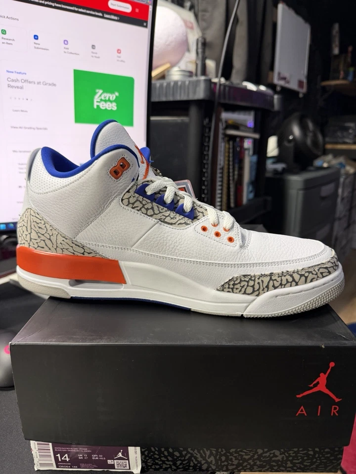 NUEVO Hombre Talla 14 Air Jordan 3 Retro Knicks Blanco Naranja Real 136064-148 Nueva York Foto 4 de 4