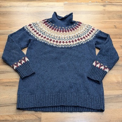 LL Bean Medium Tall Nordic Fair Isle Yoke Sweater Navy Mock Neck Chunky Knit