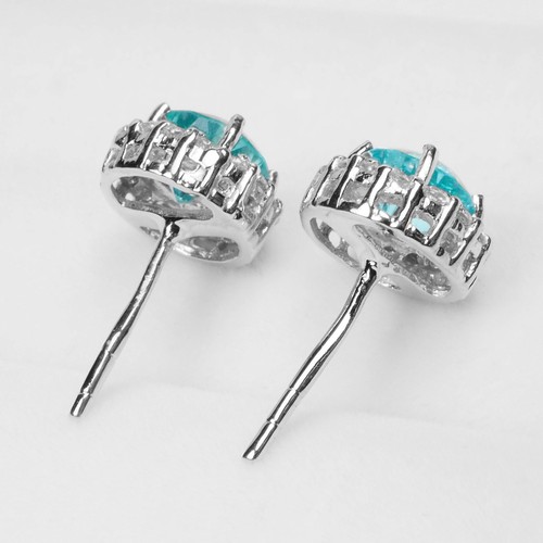 Aretes con halo de plata de ley 925 raros de turmalina Paraiba azul neón de 1,60 quilates - Imagen 4 de 8