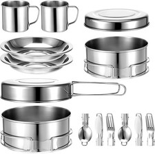14-Piece Stainless Steel Camping Cookware Set with Utensils, Compact Backpacking