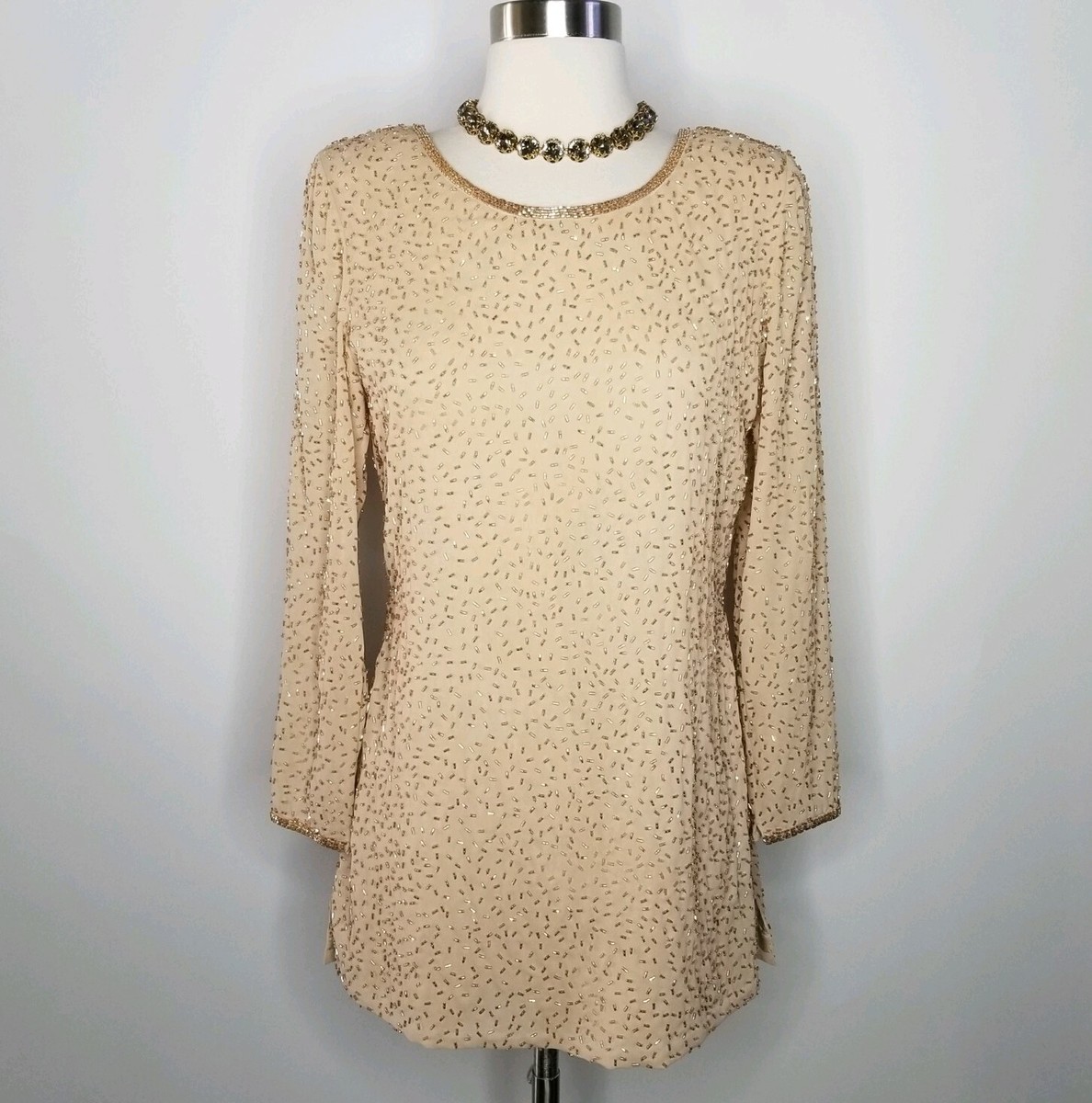 Folio Saks Fifth Avenue Gold Beaded Long Sleeves Mini Party Dress Size 4 |  eBay