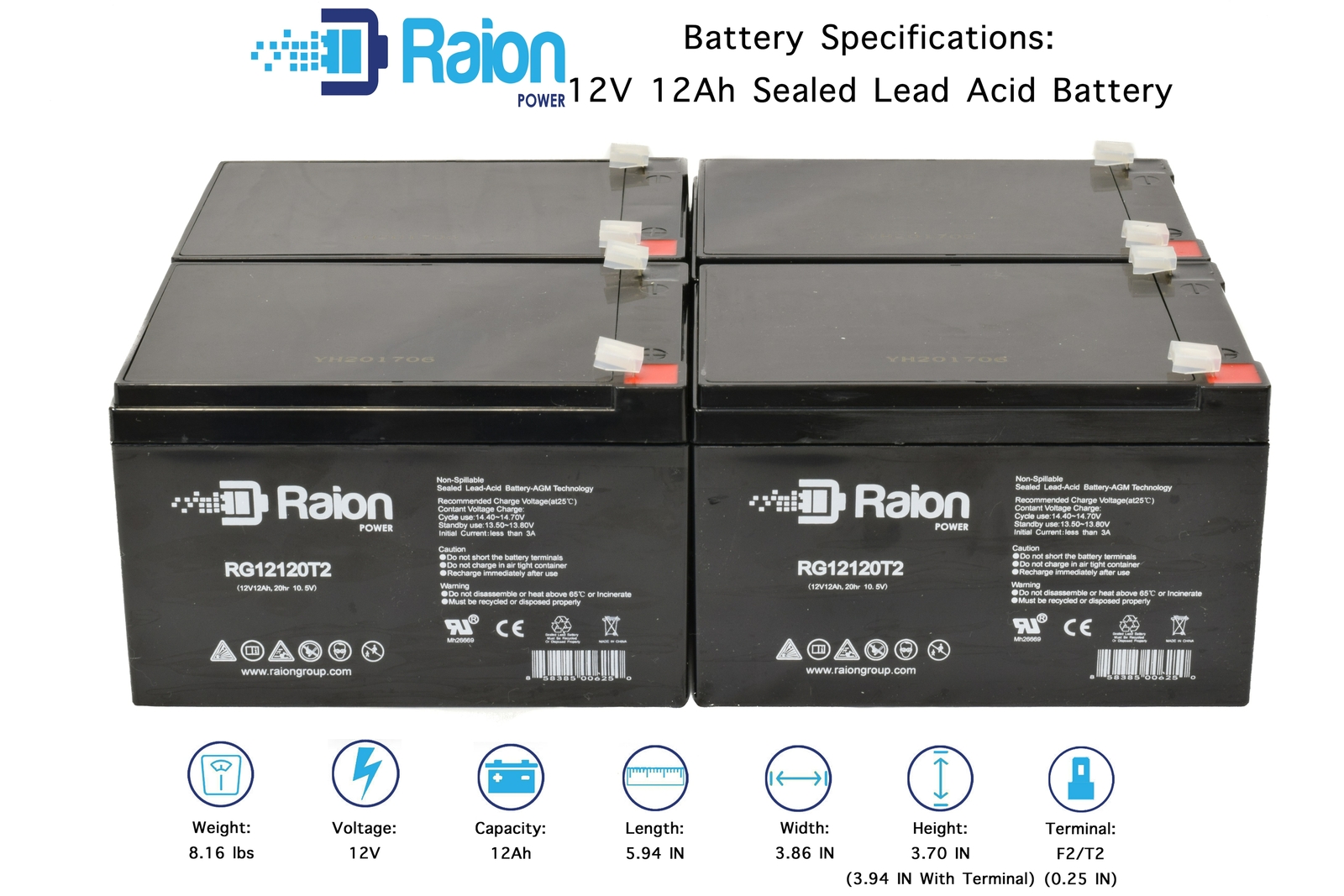 Raion 12V 12Ah Battery For Electric Mobility Ultralite 355 4 Pack
