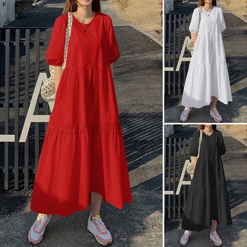 Women Beach Long Maxi Dress Puff Sleeve 
