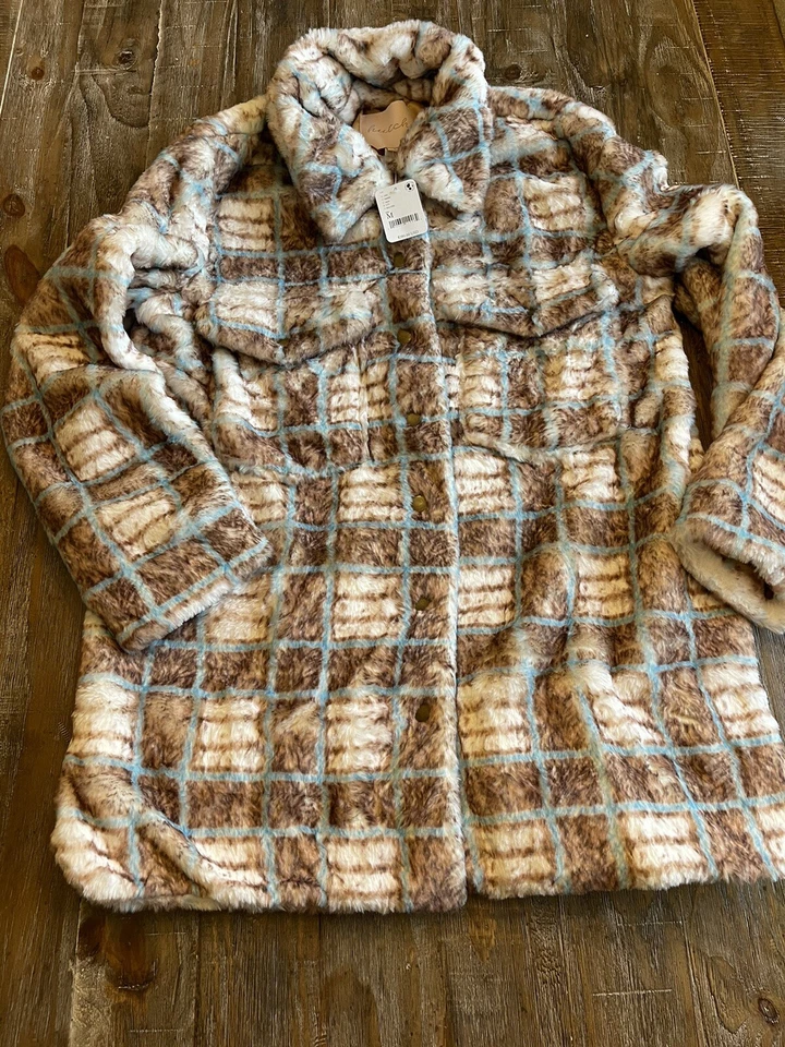 Free People клетку меха Shacket куртка уютный супер мягкий размер M новый с Ярлыками $280 клатч - Изображение 2 из 4