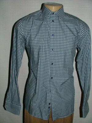 MENS ETON SLIM DRESS SHIRT SIZE 16 34 MADE IN ROMANIA BLUE WHITE PLAIDS #100