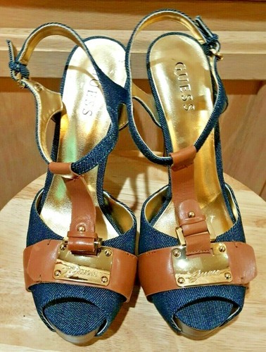 GUESS Kringa Blue Denim/Brown Leather T-Strap Platform Peep-toe Heels, 8.5M - Picture 6 of 9